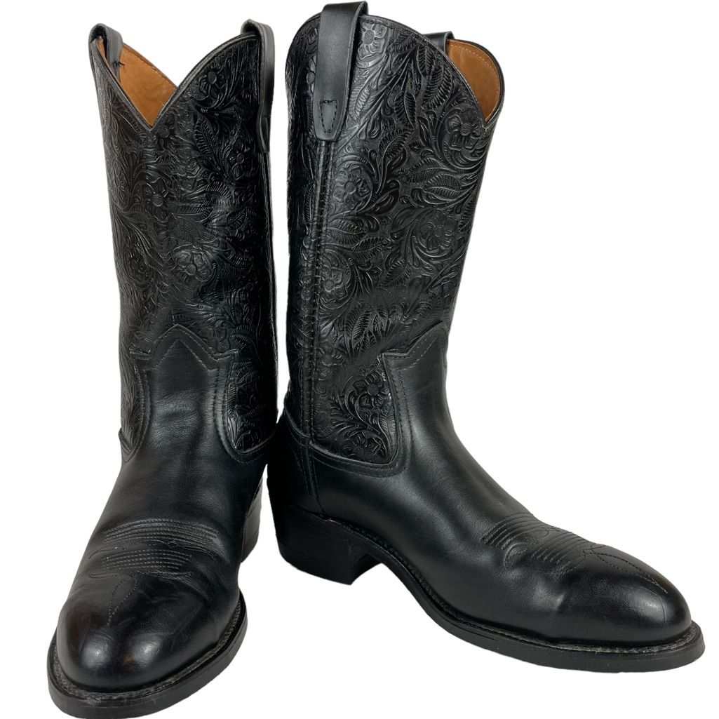 Vintage Cowboy Cowhide Steel-Toed Embossed Floral Black Leather Boots Mens 9.5b